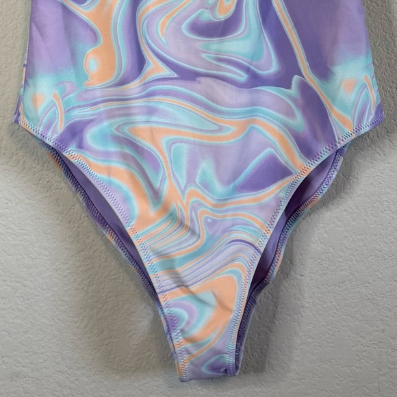 NWPT Forever 21 Purple Slick One Piece Plunge V Neck Swim Suit Bathing Suit - Picture 3 of 8